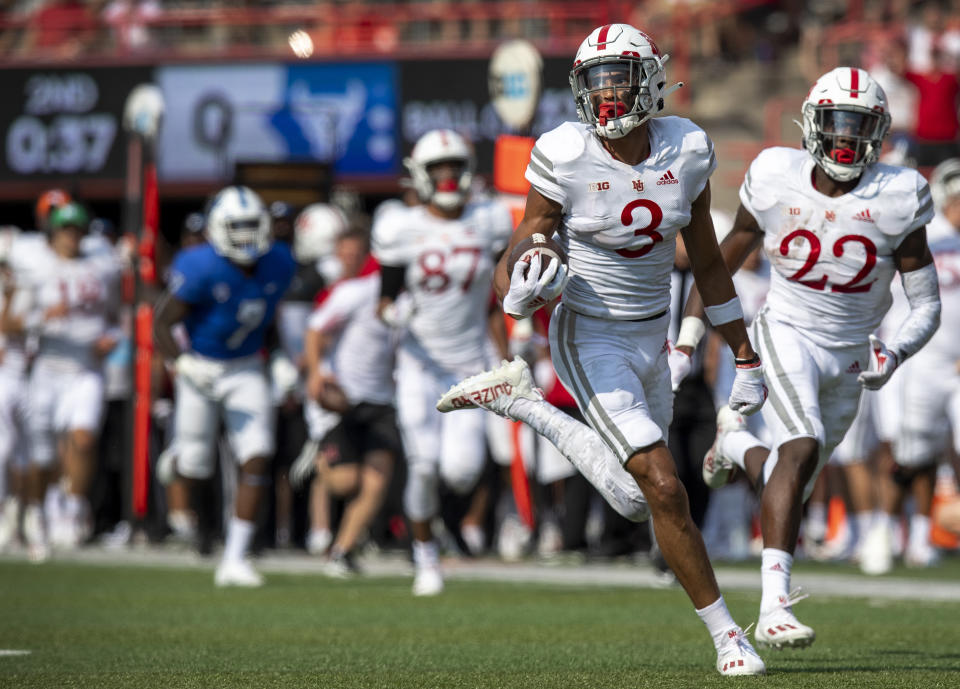 Nebraska wide receiver Samori Toure (3) scores on a second-quarter reception against Buffalo in an NCAA college football game Saturday, Sept. 11, 2021, in Lincoln, Neb. (Francis Gardler/Lincoln Journal Star via AP)