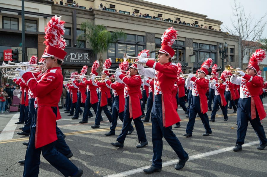 The Fresno State Bulldog Marching Band performs at the 134th Rose Parade in Pasadena, Calif., Monday, Jan. 2, 2023. (AP Photo/Michael Owen Baker)
