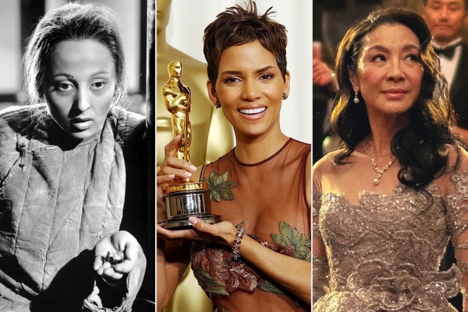 Actress Luise Rainer in a scene from the movie "The Good Earth" (Photo by Donaldson Collection/Getty Images); HOLYYWOOD, CA MARCH 24: Best Actress winner Halle Berry holds her Oscar statuete backstage at the 74th Annual Academy Awards held at the Kodak Theatre in Hollywood, Ca., March 24, 2002. (Photo by Frank ; Micelotta/GettyImages); Michelle Yeoh in EEAO