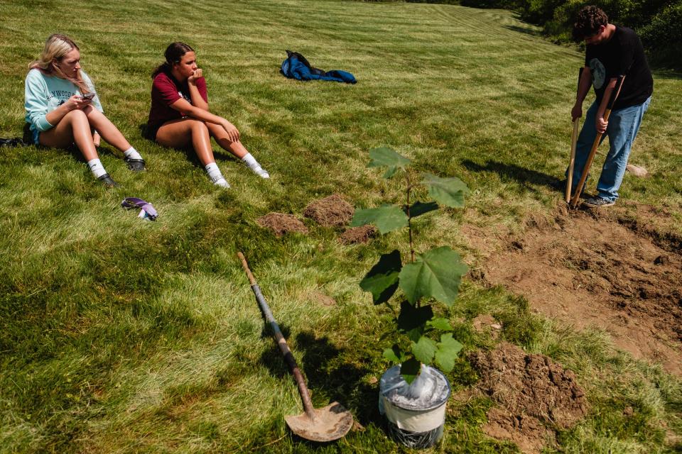 Juniors Lauren Rectanus and Maggie Lesiecki of the Claymont High School science club take a break while classmate Zackery Shaffer finishes digging post holes for the protective enclosure to surround the newly acquired moon tree. The sapling was planted behind the high school.