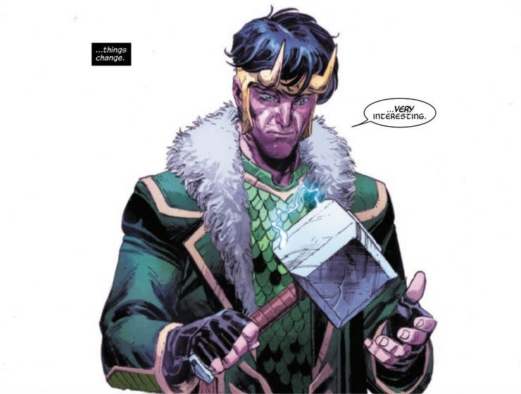 Loki lifting Thor's hammer in 2020's Thor #4.