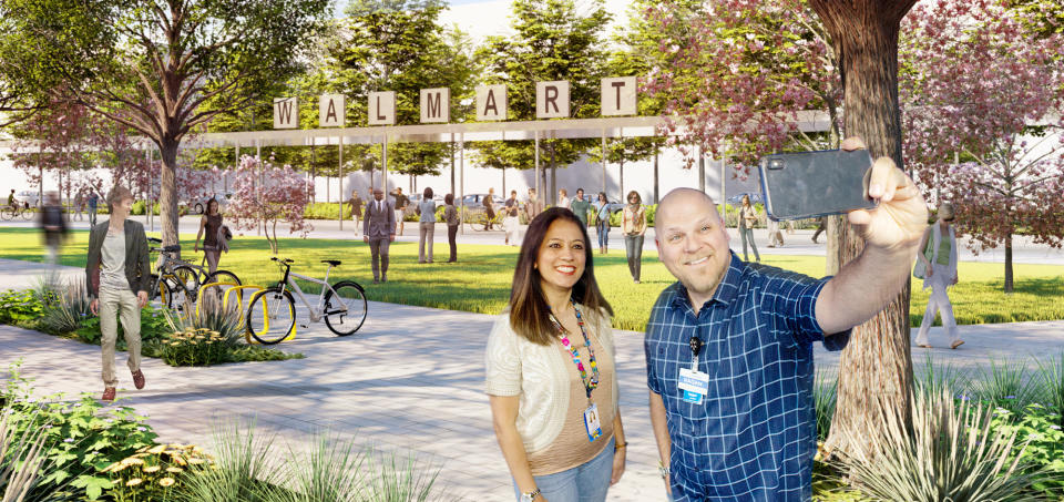 A mockup of the Walmart campus with two people taking in front of an old Walmart sign.