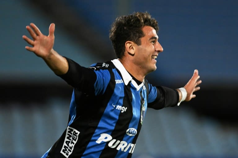 Franco Nicola celebra un gol de Liverpool ante San Lorenzo en la Copa Libertadores el 23 de abril de 2024 en Montevideo (Eitan ABRAMOVICH)