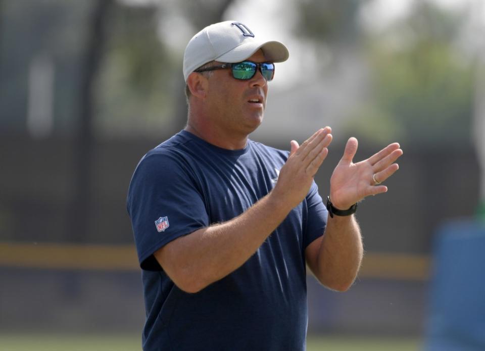 Aug 17, 2018; Oxnard, CA, USA: Dallas Cowboys assistant special teams coach Doug Colman reacts during training camp at River Ridge Fields. Mandatory Credit: Kirby Lee-USA TODAY Sports