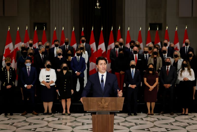 Canada's PM Trudeau attends a news conference after the swearing-in of a new Cabinet in Ottawa