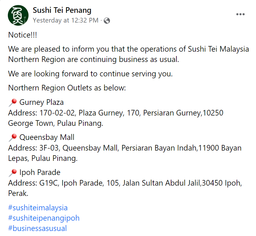 Sushi Tei Malaysia - 槟城 Facebook 帖子