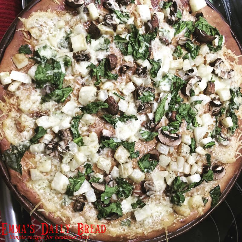 <p>Emma's Daily Bread</p><p><strong>Get the recipe here: <a href="https://emmasdailybread.com/2018/03/25/turnip-mushroom-garlic-pizza/" rel="nofollow noopener" target="_blank" data-ylk="slk:Turnip Mushroom Garlic Pizza;elm:context_link;itc:0;sec:content-canvas" class="link rapid-noclick-resp">Turnip Mushroom Garlic Pizza</a></strong></p>
