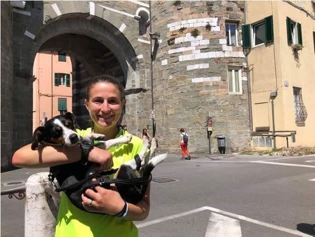 Martina Pastorino and her dog, Kira, traveled from Alessandria, Italy, to Rome to raise awareness about violence against women. (Photo: Luciana Matarese)