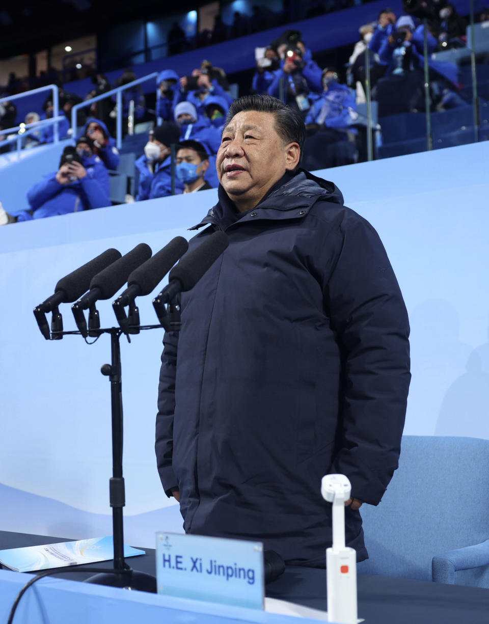 Chinese President Xi Jinping attends the opening ceremony of the 2022 Winter Olympics, Friday, Feb. 4, 2022, in Beijing. (Ju Peng/Pool Photo via AP)