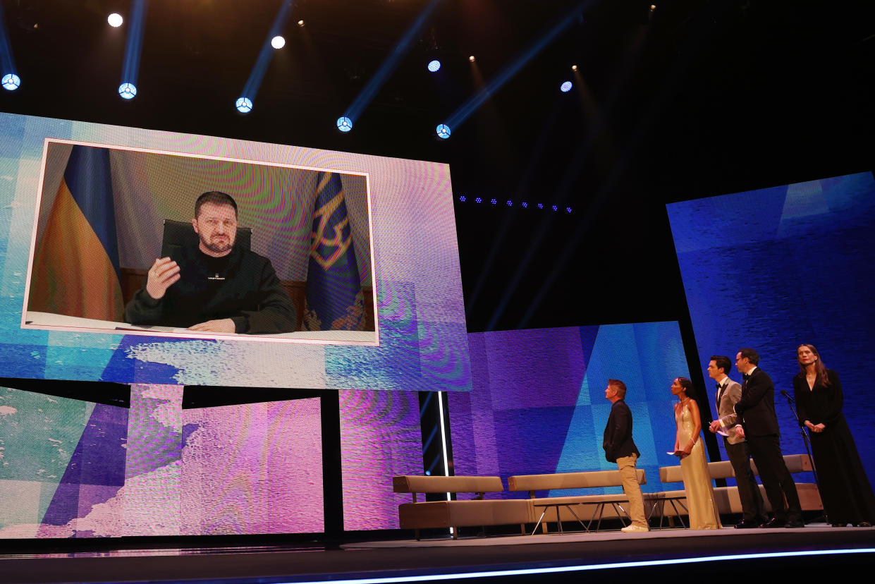 Ukraine’s President Volodymyr Zelenskiy on screen during the opening ceremony Thursday at the 73rd Berlin Film Festival