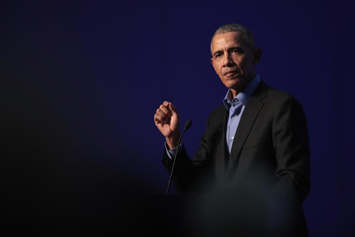 Former president Barack Obama speaks to a gathering of more than 50 mayors and other guests during the North American Climate Summit: Scott Olson/Getty Images