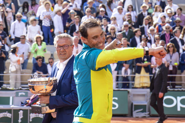 Rafael Nadal (pictured) celebrates on Court Philippe Chatrier after winning the French Open title in 2022.
