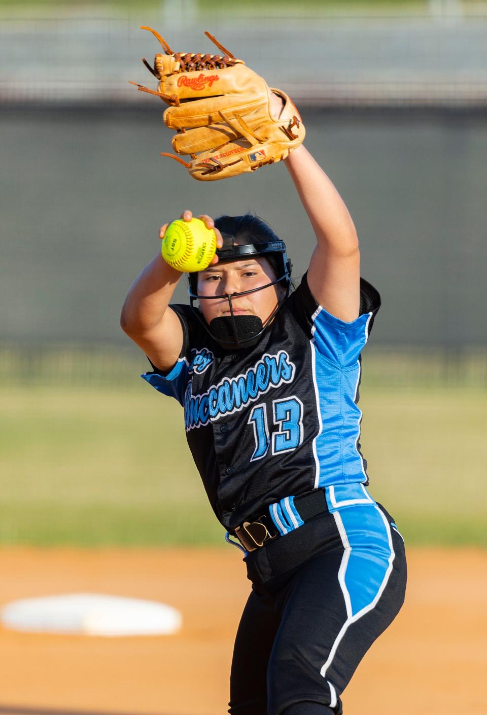 Buccaneer Samantha Velasquez delivers a pitch in the first inning. North Bay Haven hosted Florida State University High School in regional softball Wednesday, May 11, 2022.