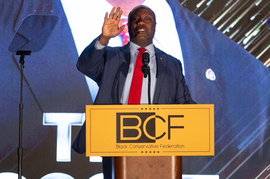 Senator Time Scott speaks at the Black Conservative Federation gala at the Columbia Convention Center on Friday, February 23, 2024. Joshua Boucher/jboucher@thestate.com