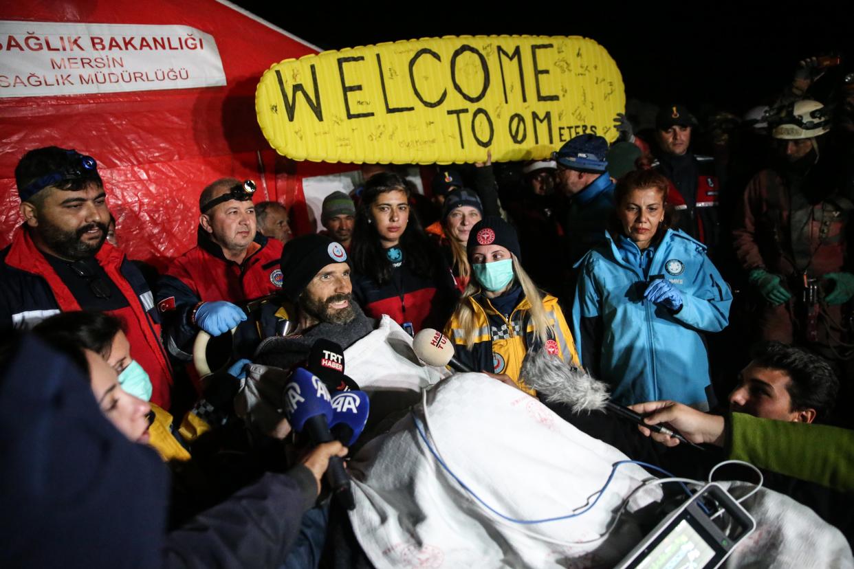 American explorer Mark Dickey, who was trapped underground in a cave, is transported to an ambulance on a stretcher after he was rescued in Mersin, Turkey (Anadolu Agency via Getty Images)
