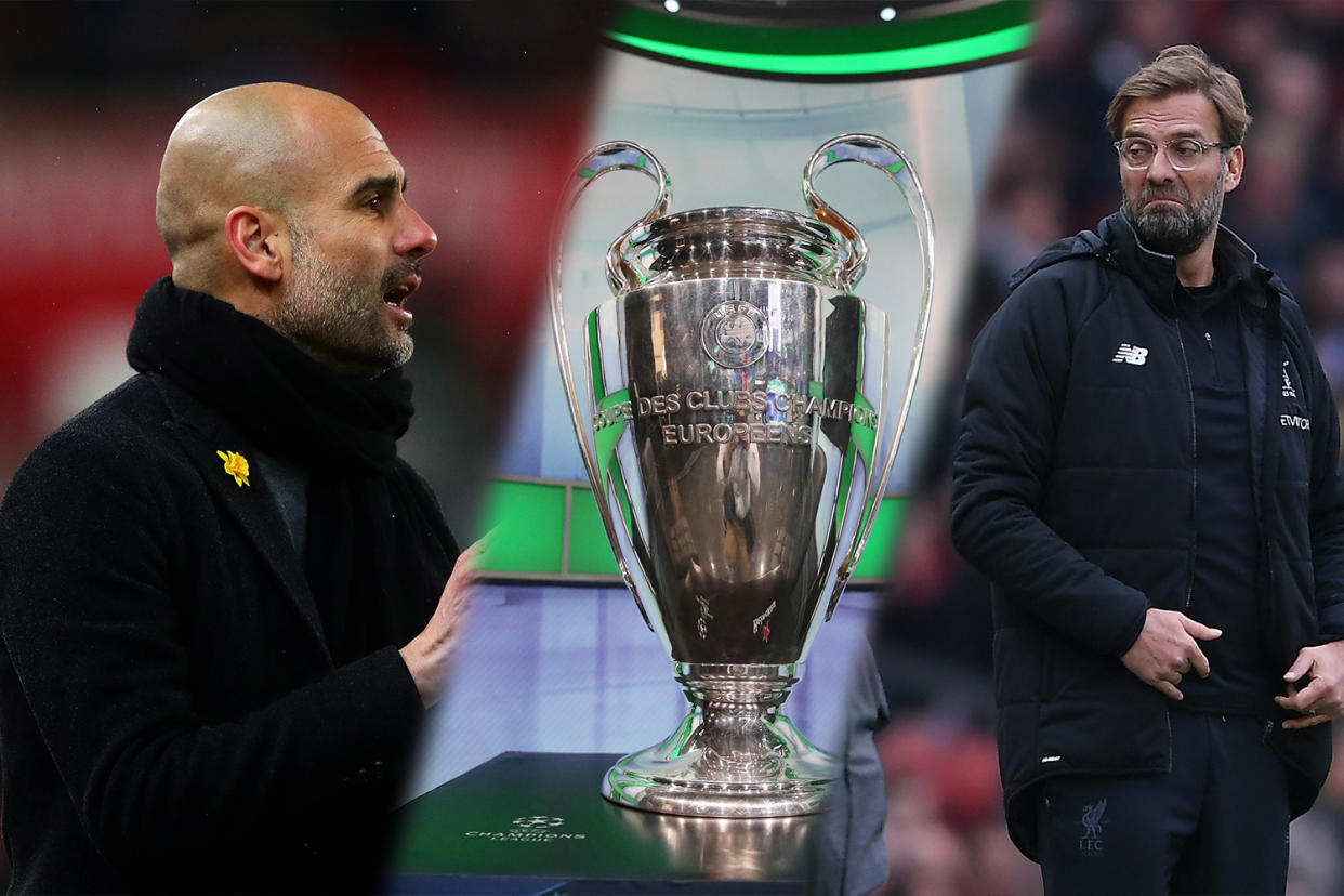 Pep Guardiola and Jurgen Klopp will be eyeing the Champions League trophy as Manchester City and Liverpool find out their last-eight fates