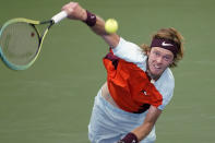 Andrey Rublev, of Russia, serves to Cameron Norrie, of Great Britain, during the fourth round of the U.S. Open tennis championships, Monday, Sept. 5, 2022, in New York. (AP Photo/Eduardo Munoz Alvarez)