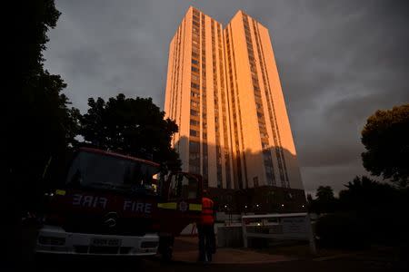 A general view of the Burnham Tower residential block, as residents were evacuated as a precautionary measure following concerns over the type of cladding used on the outside of the building on the Chalcots Estate in north London, Britain, June 24, 2017. REUTERS/Hannah McKay