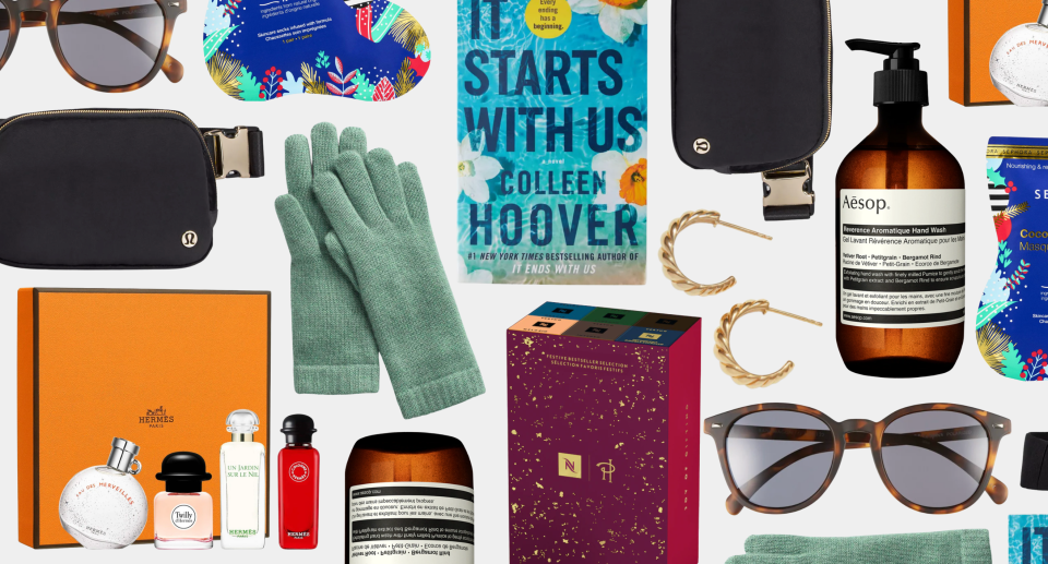 gift guide collage for mom with book, gold hoops, black lululemon belt bag, sunglasses, hermes perfumes, cashmere gloves, aesop hand soap, foot mask on white background