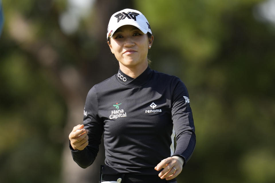 Lydia Ko of New Zealand reacts after making a putt on the fourth hole during the final round of the BMW Ladies Championship at LPGA International Busan in Busan, South Korea, Sunday, Oct. 24, 2021. (AP Photo/Lee Jin-man)