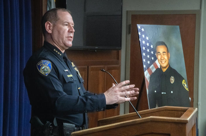 Stockton Police Chief Eric Jones speaks at a news conference at Police headquarters in downtown Stockton about officer Jimmy Inn who was shot and killed in the line of duty while on a domestic abuse call on La Cresta Way in Stockton on Tuesday, May 11, 2021. The suspect was also shot and killed during the call. (Clifford Oto/The Record via AP)