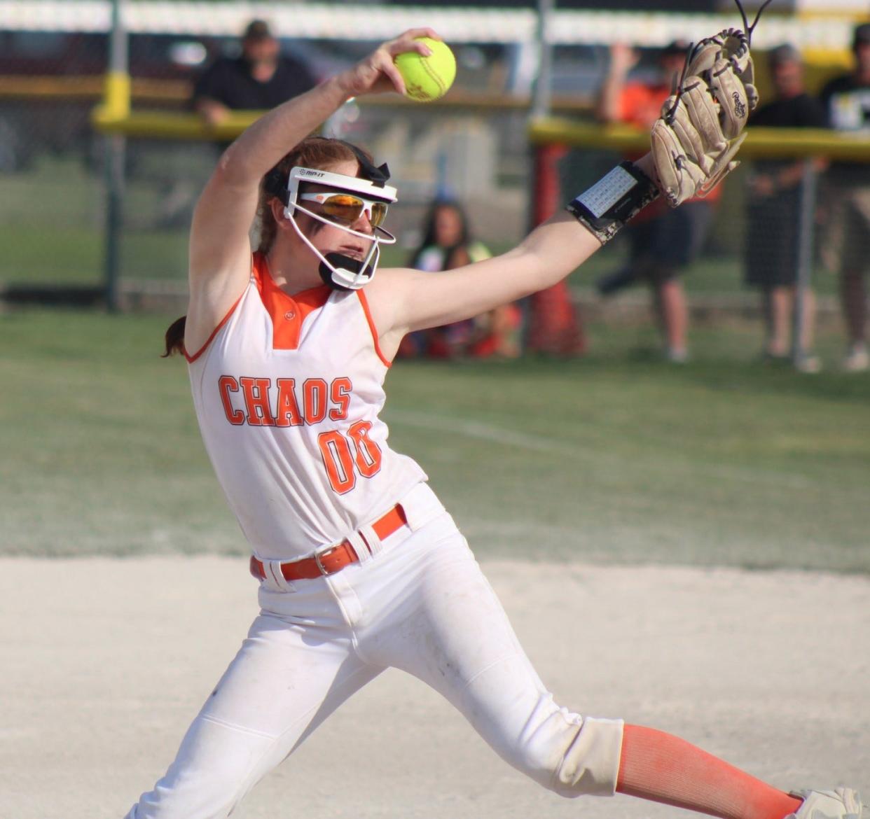 Lydia Kosanke fires a pitch for the Cheboygan Chaos 14-under travel softball team during a Chaos Clash game in Cheboygan last summer. Now a member of the Northern Michigan Legends-Kosanke (Boyne City) team, Kosanke will be a part of this year's Chaos Clash.