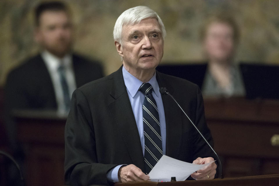 House Minority Leader Frank Dermody, D-Allegheny, speaks before Pennsylvania lawmakers who came together in an unusual joint session to commemorate the victims of the Pittsburgh synagogue attack that killed 11 people last year, Wednesday, April 10, 2019, at the state Capitol in Harrisburg, Pa. (AP Photo/Matt Rourke)