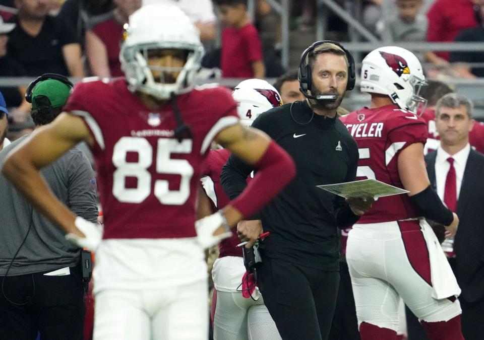 Nov 14, 2021; Glendale, Arizona, USA; Arizona Cardinals head coach Kliff Kingsbury during action against the Carolina Panthers in the first half at State Farm Stadium.