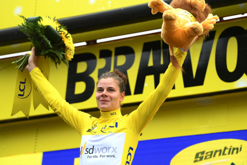 MAURIAC FRANCE  JULY 24 Lotte Kopecky of Belgium and Team SD Worx  Protime celebrates at podium as Yellow leader jersey winner during the 2nd Tour de France Femmes 2023 Stage 2 a 1517km stage from ClermontFerrand to Mauriac  UCIWWT  on July 24 2023 in Mauriac France Photo by Alex BroadwayGetty Images