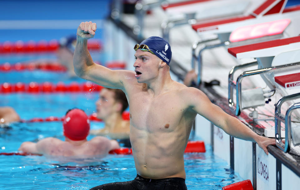 NANTERRE, FRANCE - JULY 28: Leon Marchand of Team France celebrates after winning gold in the men’s 400 IM final at the 2024 Olympic Games. (Photo by Sarah Stier/Getty Images)