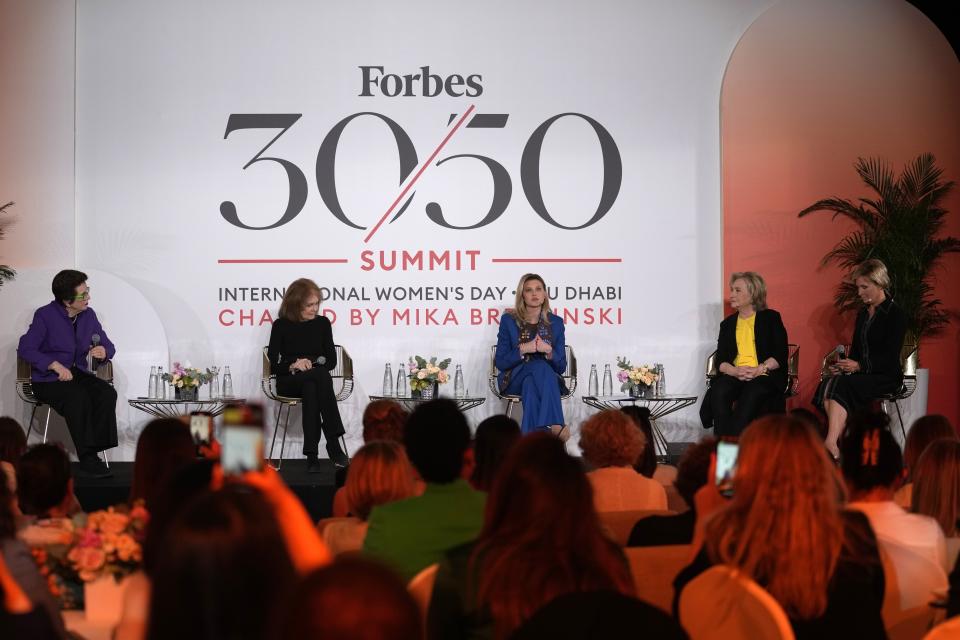 From left, former U.S. tennis champion Billie Jean King, Gloria Steinem, Journalist and Activist, Olena Zelenska, First Lady of Ukraine, Hillary Rodham Clinton, Former U.S. Secretary of State and Mika Brzezinski, Founder, Know Your Value, take part in a session during the International Women's Day in Abu Dhabi, United Arab Emirates, Wednesday, March 8, 2023. (AP Photo/Kamran Jebreili)