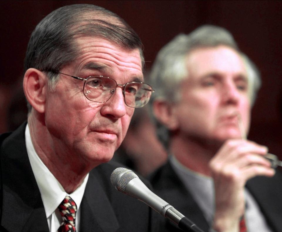 FILE - In this Sept. 9, 1997, file photo, former Democratic National Chairman, Don Fowler, left, and his attorney, James Hamilton, sit before the Senate Committee on Governmental Affairs in Washington, in this Tuesday, Sept. 9, 1997, file photo. Don Fowler, a former chair of the Democratic National Committee and mainstay of South Carolina and national politics for decades, has died. He was 85. Trav Robertson, chairman of South Carolina's Democratic Party, said on Twitter Fowler died Tuesday night, Dec. 15, 2020, calling him “the ”Democrat's Democrat." No cause was mentioned, but Fowler's wife said on Facebook that Fowler had been in the hospital this week. (AP Photo/Joe Marquette, File)