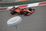 Ferrari driver Charles Leclerc of Monaco steers his racer during the third free practice at the 'Sochi Autodrom' Formula One circuit, in Sochi, Russia, Saturday Sept. 28, 2019. The Formula one race will be held on Sunday. (AP Photo/Luca Bruno)