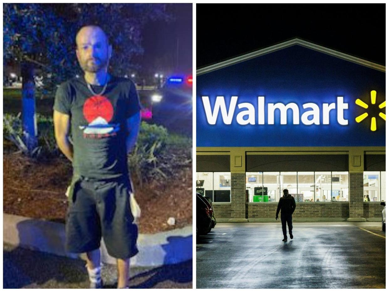 Left: Brad, who was arrested after allegedly trying to steal from Walmart. Right: Night time picture of exterior of Walmart.
