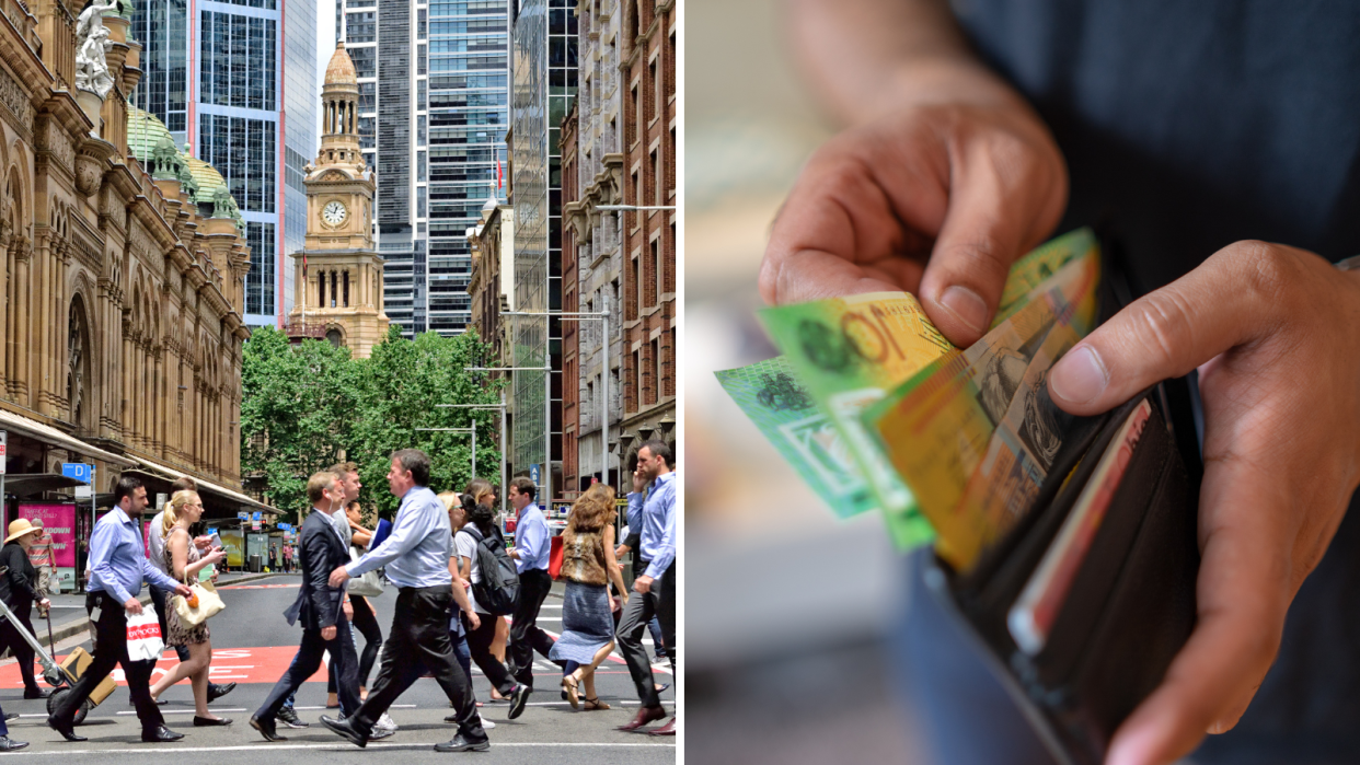 Workers in the city. Australian money notes.