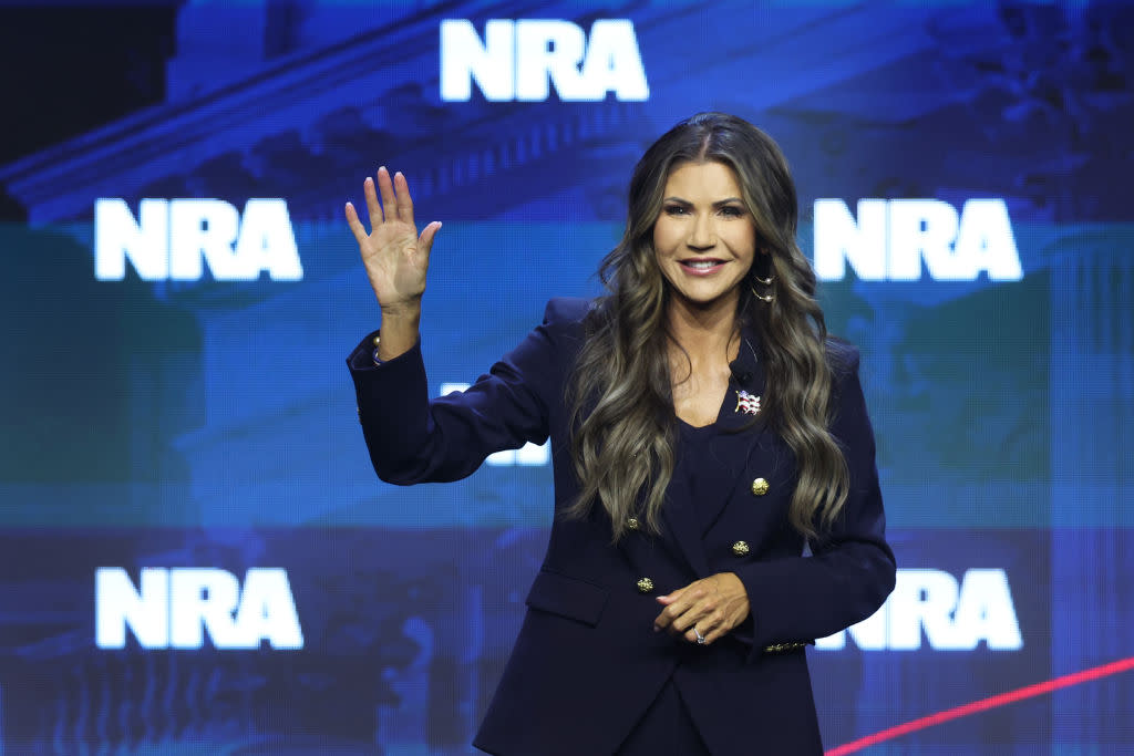 South Dakota Gov. Kristi Noem speaks to guests at the 2023 NRA-ILA Leadership Forum on April 13, 2023, in Indianapolis, Indiana. The forum is part of the National Rifle Association’s Annual Meetings & Exhibits. (Scott Olson/Getty Images)