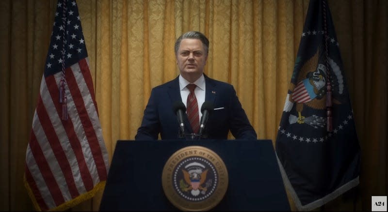 The President of the Not-So-United States (Nick Offerman) makes an address. - Screenshot: A24