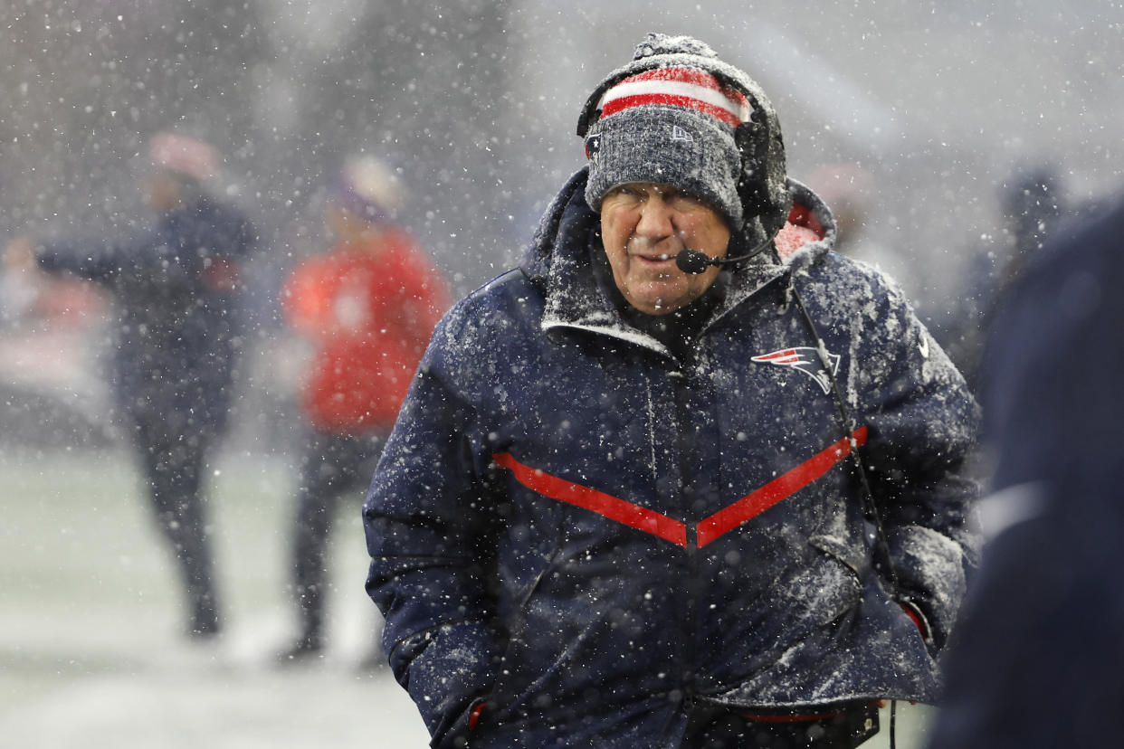 FOXBOROUGH, MASSACHUSETTS - JANUARY 07: New England Patriots head coach Bill Belichick looks on in the first half at Gillette Stadium on January 07, 2024 in Foxborough, Massachusetts. (Photo by Winslow Townson/Getty Images)