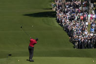 Tiger Woods hits his tee shot on the third hole during the final round at the Masters golf tournament on Sunday, April 10, 2022, in Augusta, Ga. (AP Photo/Jae C. Hong)