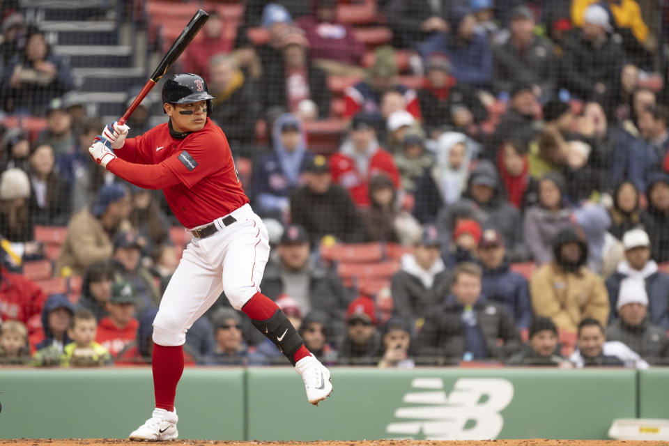 BOSTON, MA - APRIL 5: Yu Chang #20 of the Boston Red Sox bats during the fourth inning of a game against the Pittsburgh Pirates on April 5, 2023 at Fenway Park in Boston, Massachusetts. (Photo by Maddie Malhotra/Boston Red Sox/Getty Images)