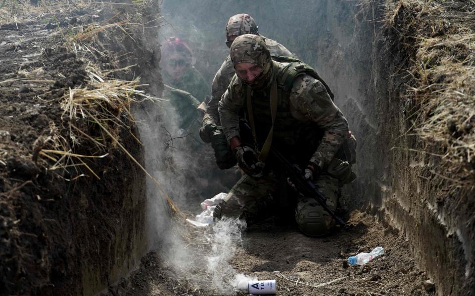 Medics, volunteers and military personnel undergo a tactical training in the southern Russian Rostov region