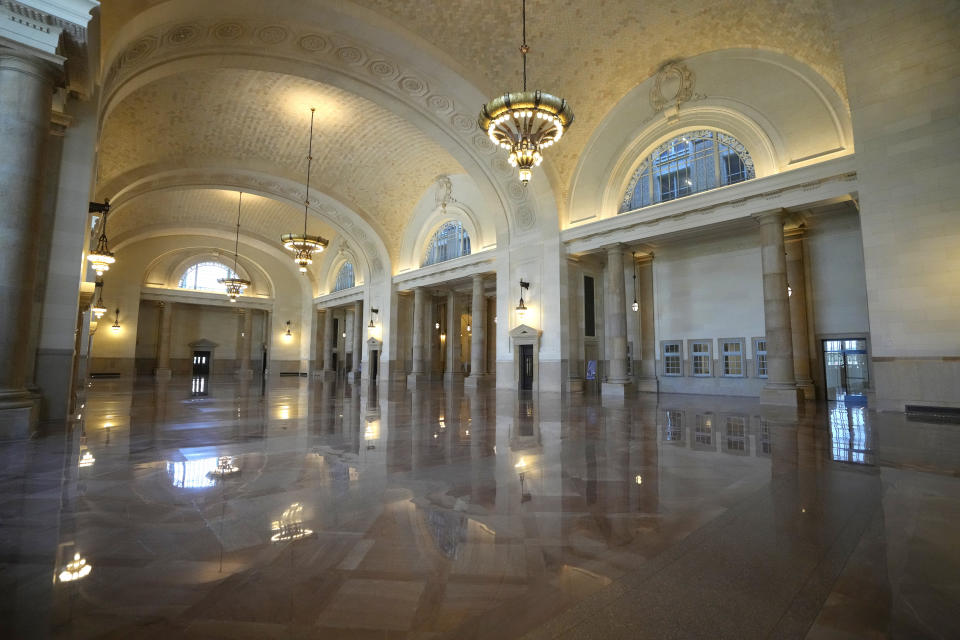 The interior of the Michigan Central Station is seen, Monday, May 13, 2024 in Detroit. A once hulking scavenger-ravaged monolith that symbolized Detroit's decline reopens this week after a massive six-year multimillion dollar renovation by Ford Motor Co., which restored the Michigan Central Station to its past grandeur with a focus squarely on the future of mobility. (AP Photo/Carlos Osorio)