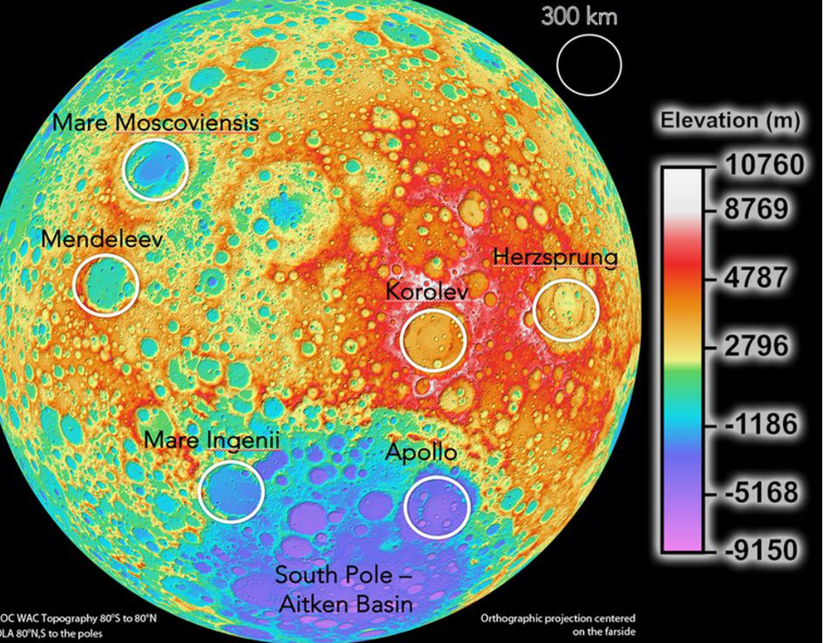 The only six locations on the far side of the moon that are suitable for telescope arrays with a diameter of about 200 km.