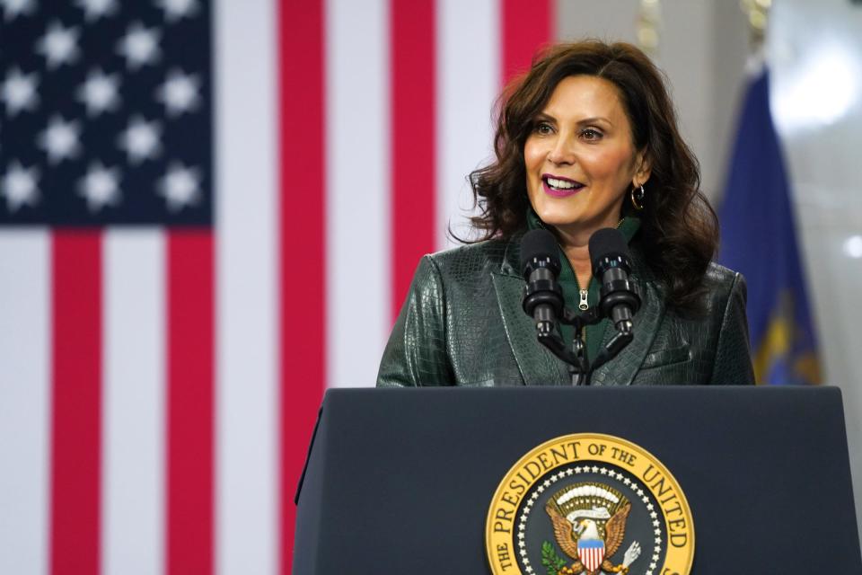 Gov. Gretchen Whitmer speaks at SK Siltron CSS in Bay City on Tuesday, November 29, 2022, during a visit from President Joe Biden. 