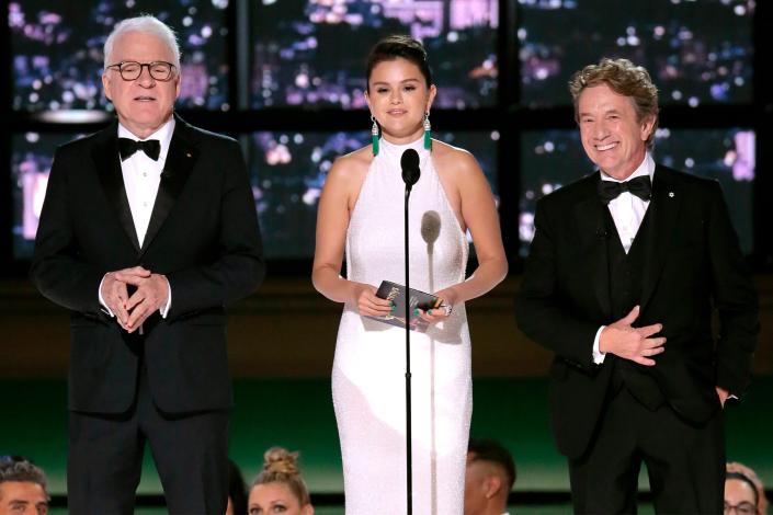 Steve Martin, Selena Gomez and Martin Short speak on stage during the 74th Annual Primetime Emmy Awards held at the Microsoft Theater on September 12, 2022