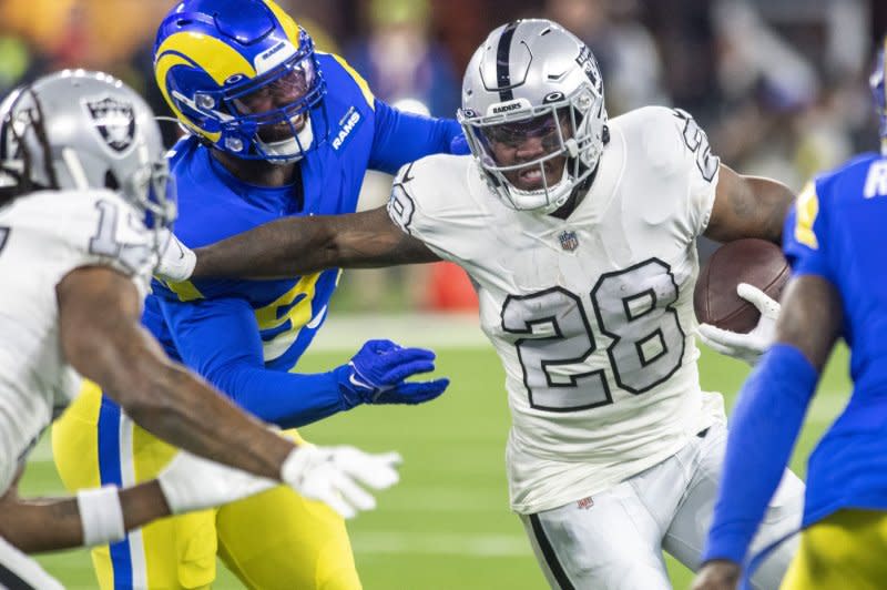 Las Vegas Raiders running back Josh Jacobs (28) led the NFL with 1,653 rushing yards last season. File Photo by Mike Goulding/UPI
