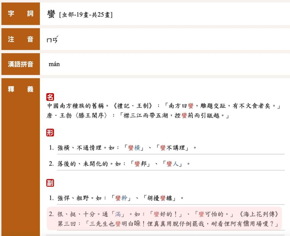 根據教育部網站顯示，蠻當副詞時也通「滿」。（圖／翻攝自教育部重編國語辭典修訂本）