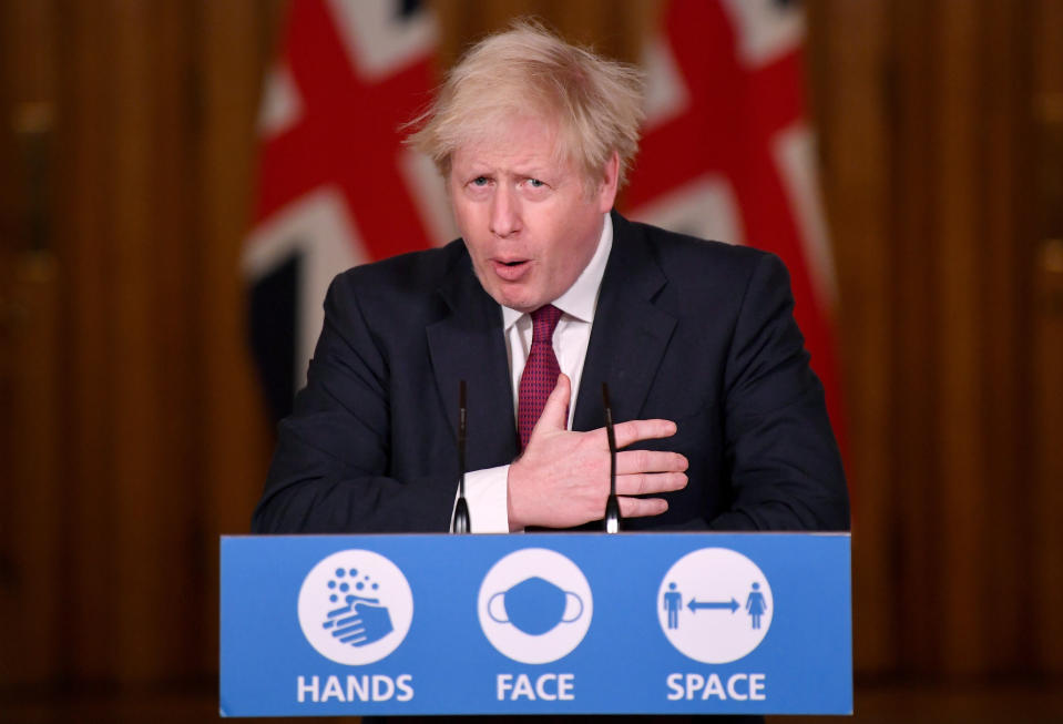 Prime Minister Boris Johnson speaks during a news conference in response to the ongoing situation with the Covid-19 pandemic, at 10 Downing Street, London.