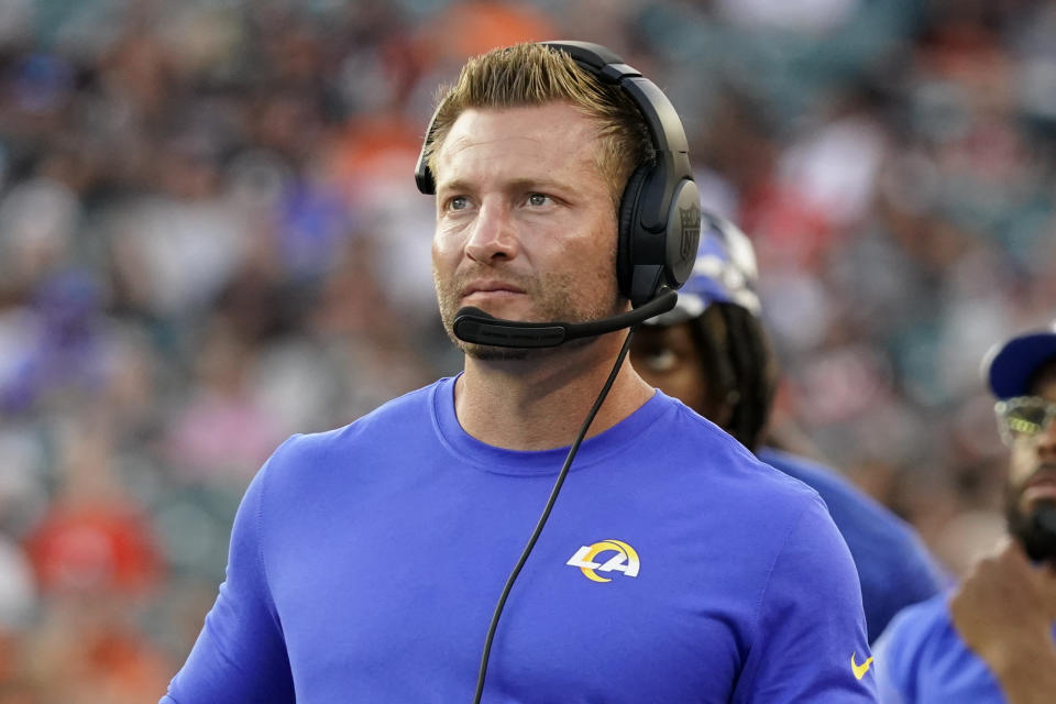 Los Angeles Rams head coach Sean McVay watches against the Cincinnati Bengals during the second half of a preseason NFL football game in Cincinnati, Saturday, Aug. 27, 2022. (AP Photo/Joshua A. Bickel)