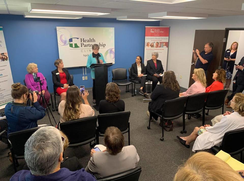 Gov. Laura Kelly speaks about Medicaid expansion and eligibility renewal during a news conference at Health Partnership Clinic in Olathe.